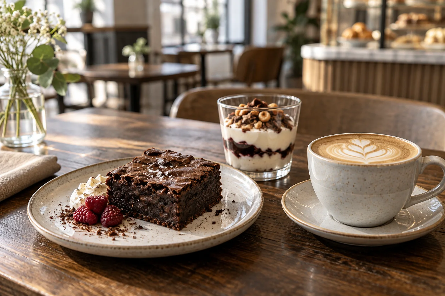 Kafede tabakta brownie, bardak tatlısı ve latte kahve