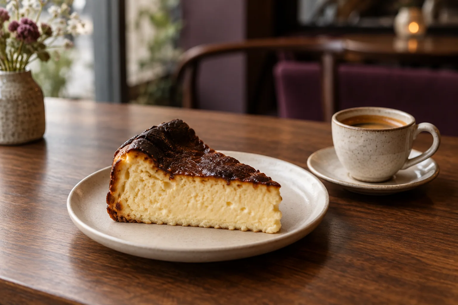 Kafede tabakta servis edilen Burnt Cheesecake dilimi ve yanında kahve